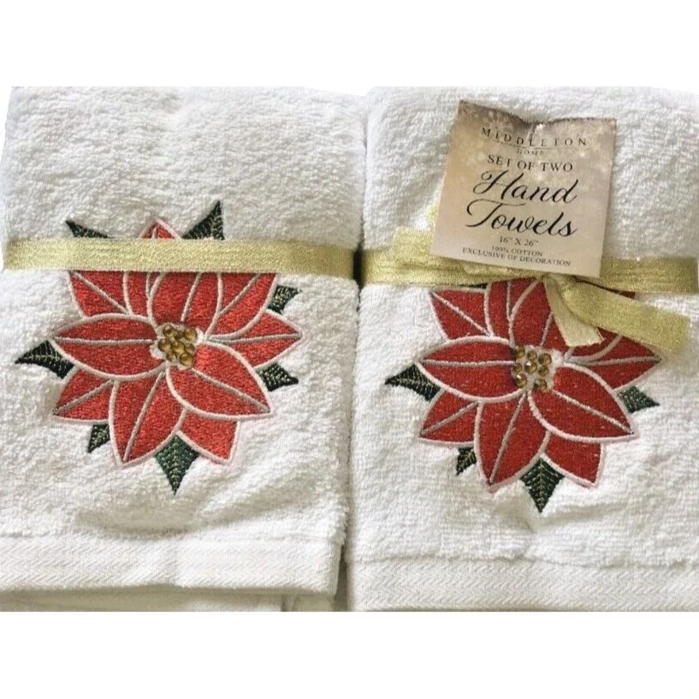 Christmas Poinsettia Hand Towels Embroidered Rhinestone Embellished Set of 2
